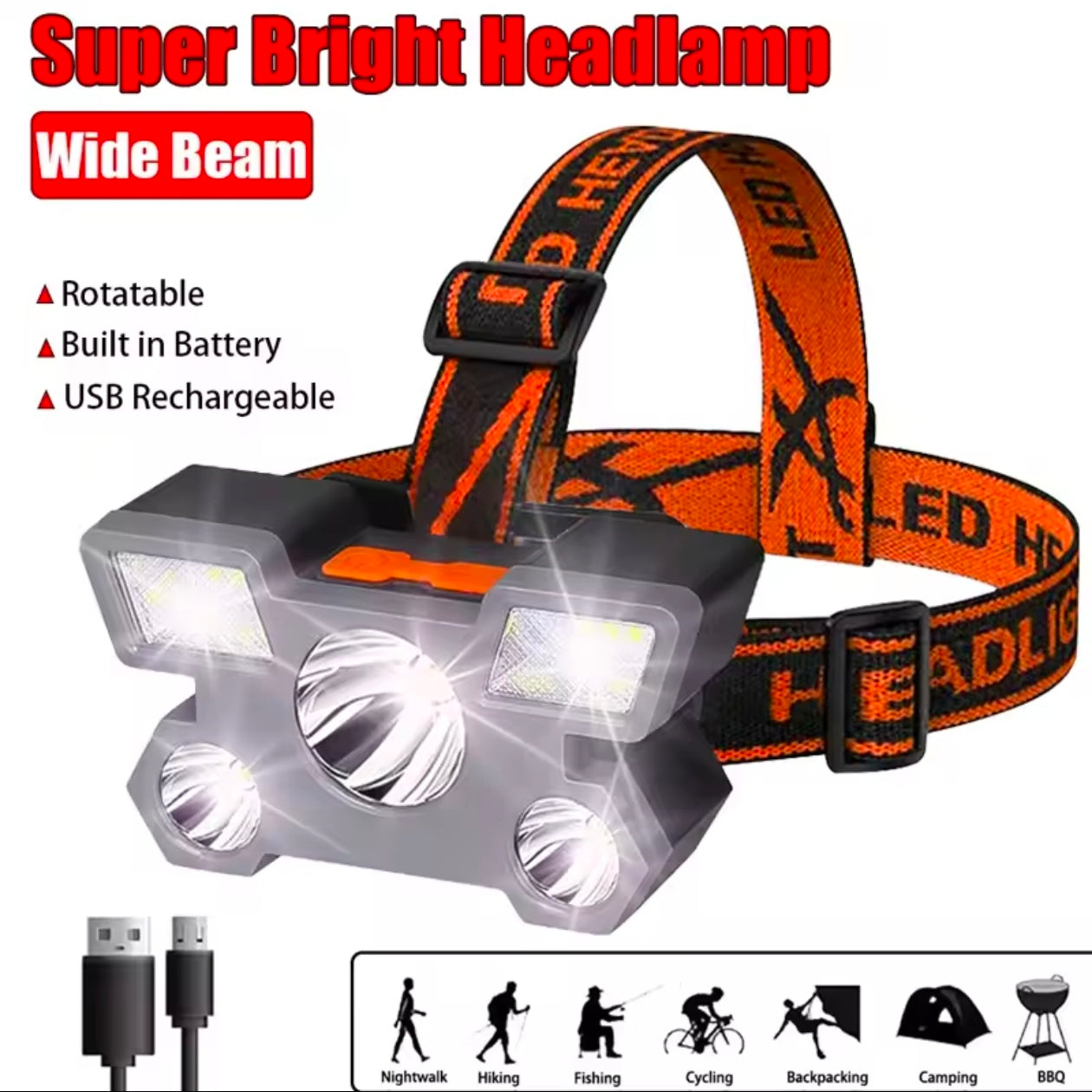 5 LED Strong Headlight Super Bright Head Mounted Flashlight Usb Rechargeable Built-in Battery Outdoor Rechargeable Night Fishing