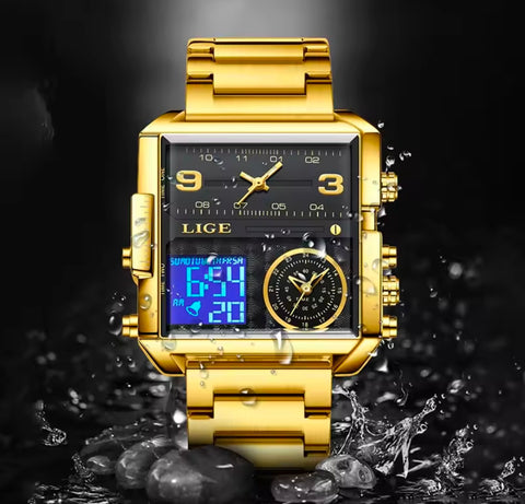Matturi  Luxury Fashion Watch  Stainless Steel Sports Square Digital Analog Big Quartz Watch