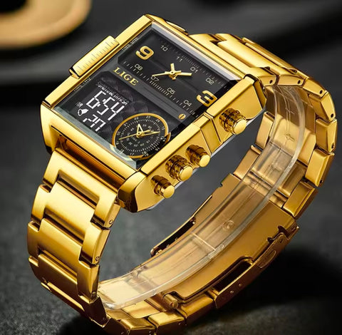 Matturi  Luxury Fashion Watch  Stainless Steel Sports Square Digital Analog Big Quartz Watch