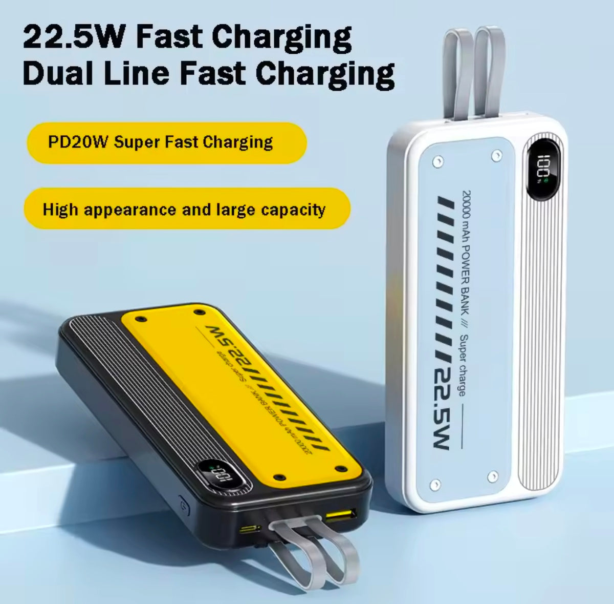 PD 22.5w 10000mAh Fast Power Bank with Built in Cables LED Display