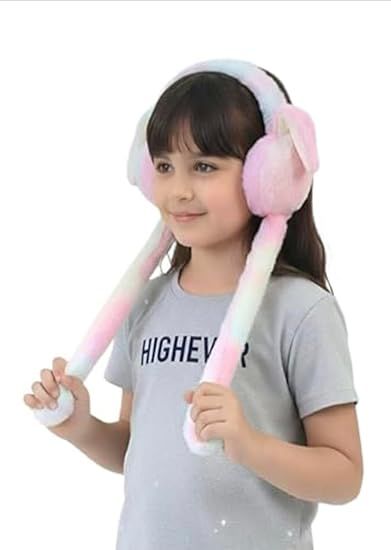 Women's Winter Plush Earwarmer Bunny Earmuffs with Moving Jumping Rabbit Ears Windproof Airbag Ear Bag