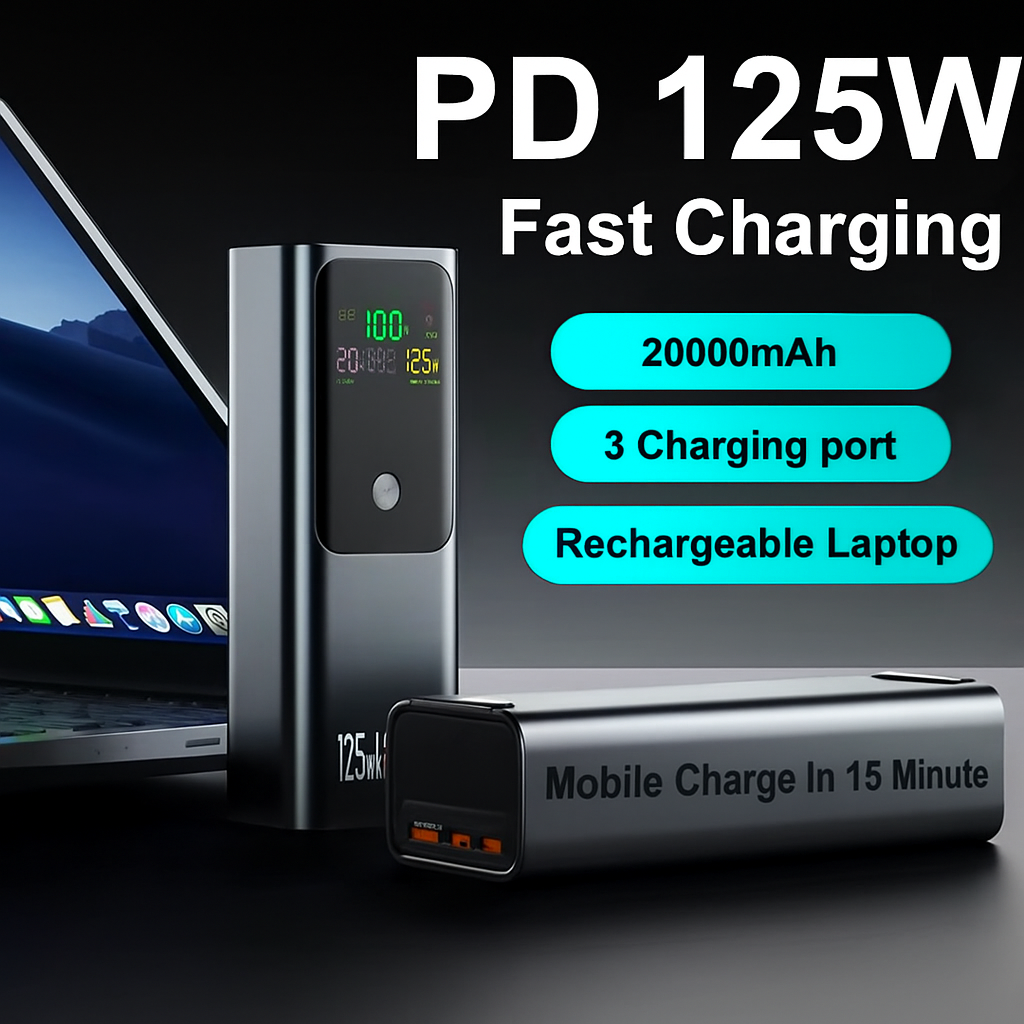 PD125W Super Fast Charging Power Bank 20000mAh High Capacity Portable Charger External Spare Battery