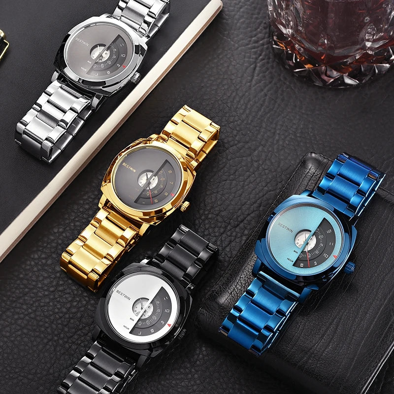 Luxury Creative Turntable Numbers Display Concept Gold Dial Men's Quartz Wristwatch