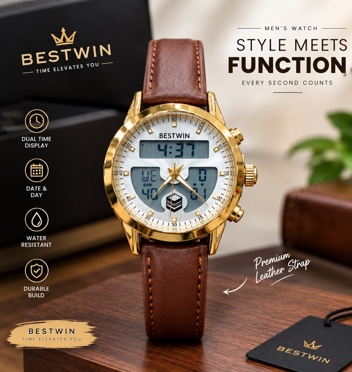 Power Alfajar Design Dual Time Leather Strap Watch