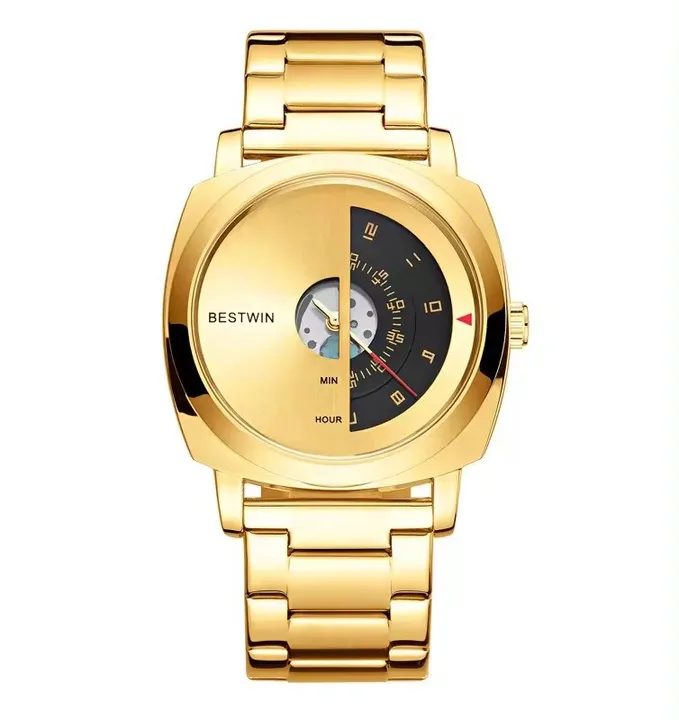 Luxury Creative Turntable Numbers Display Concept Gold Dial Men's Quartz Wristwatch