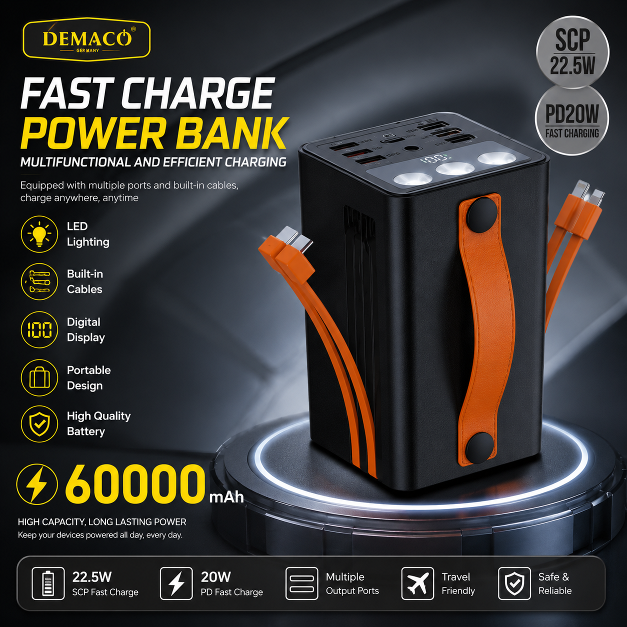 60000 mAH 22.5W PD Fast Powerbank with Flashlight