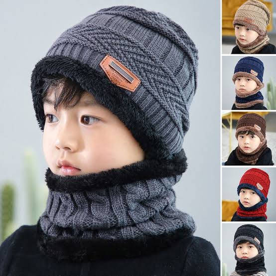 2Pcs Warm Knit Beanie Cap and Scarf for kids