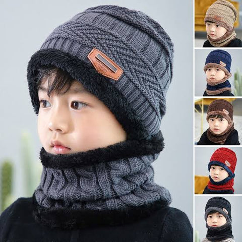 2Pcs Warm Knit Beanie Cap and Scarf for kids