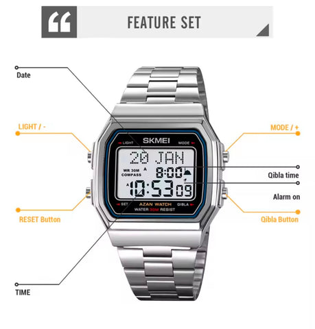 SKMEI Muslim Prayer Qibla Hijri Islamic Digital Waterproof Wrist Watch