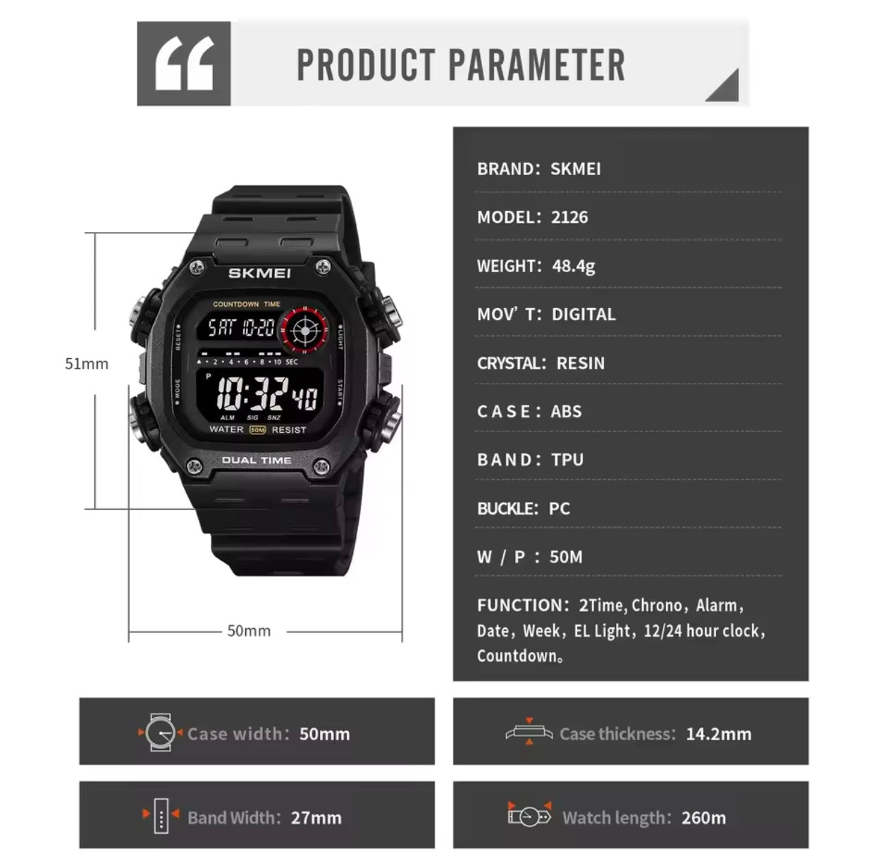 SKMEI LED Digital Sport 5Bar Waterproof Stopwatch
