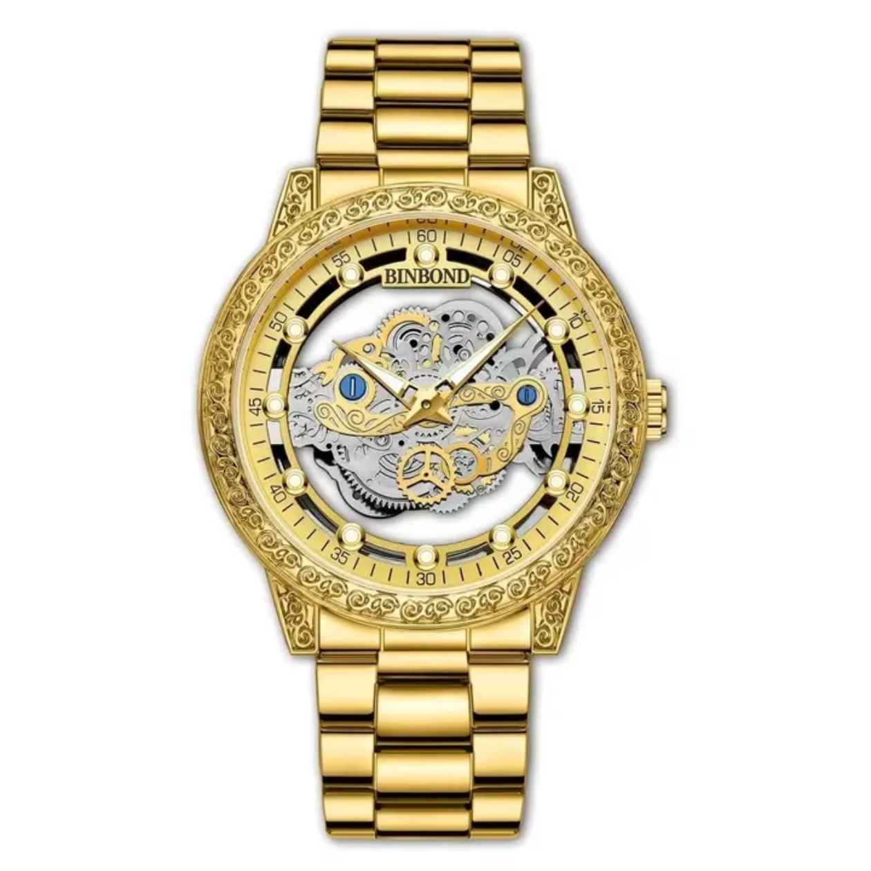 Skeleton Hollow 3D Carved Bezel Stainless Steel Business Wrist Watch