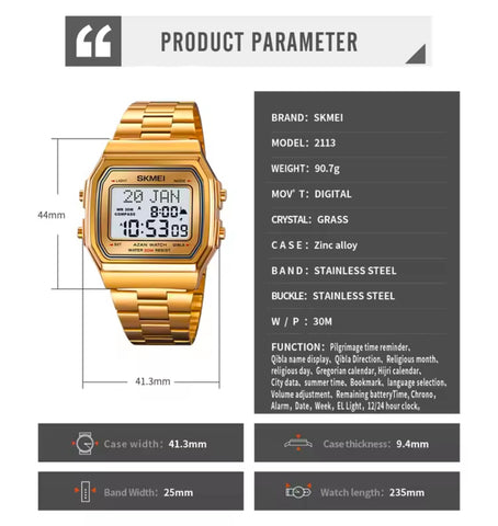 SKMEI Muslim Prayer Qibla Hijri Islamic Digital Waterproof Wrist Watch