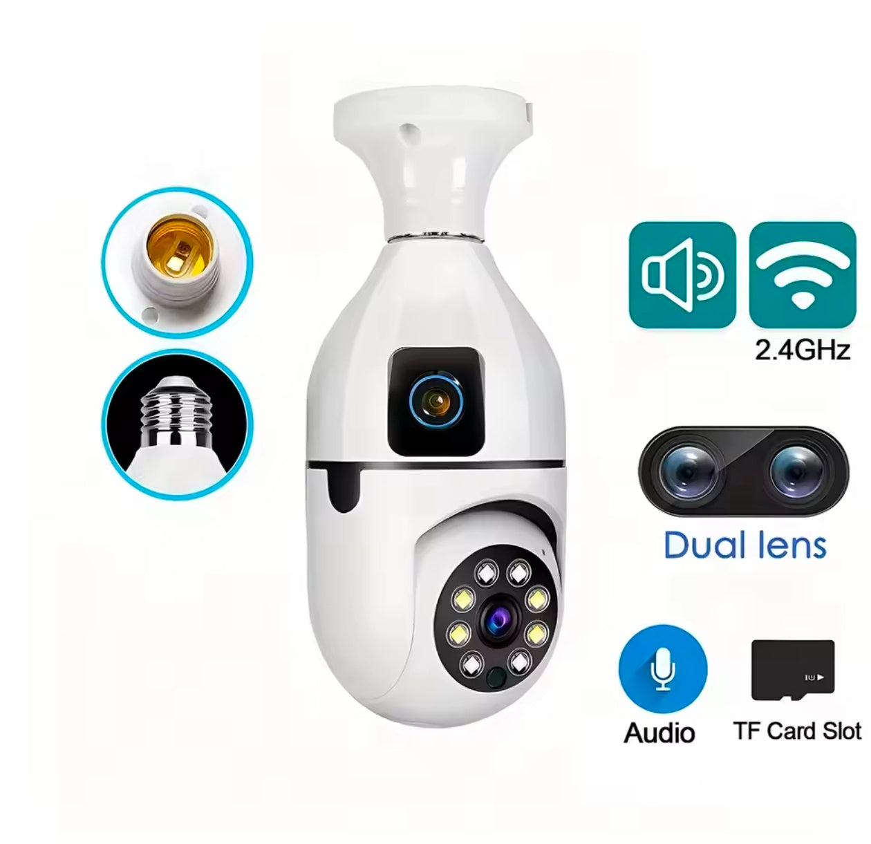 CCTV PTZ WiFi Dual Lens Screen E27 Bulb Camera
