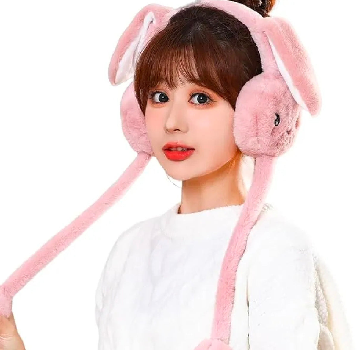 Women's Winter Plush Earwarmer Bunny Earmuffs with Moving Jumping Rabbit Ears Windproof Airbag Ear Bag