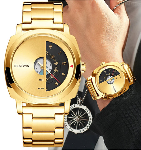 Luxury Creative Turntable Numbers Display Concept Gold Dial Men's Quartz Wristwatch