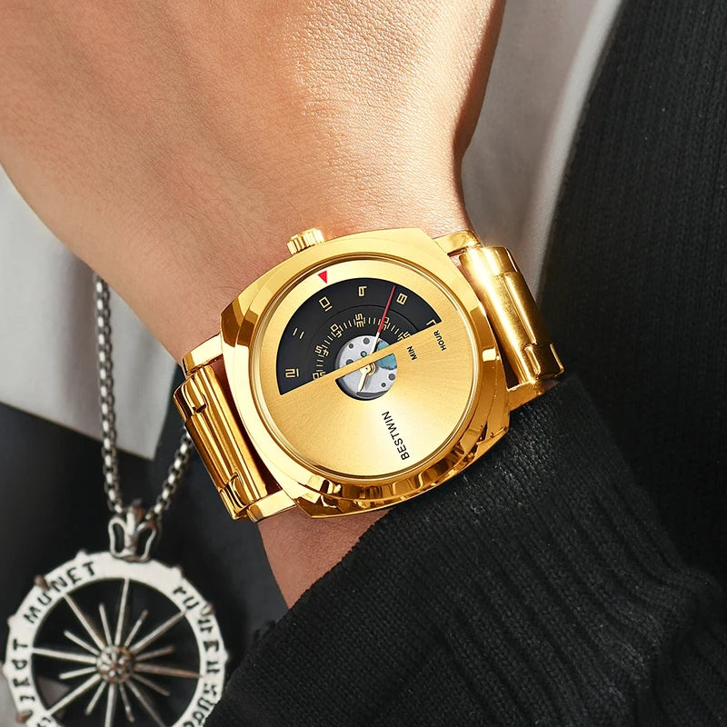 Luxury Creative Turntable Numbers Display Concept Gold Dial Men's Quartz Wristwatch