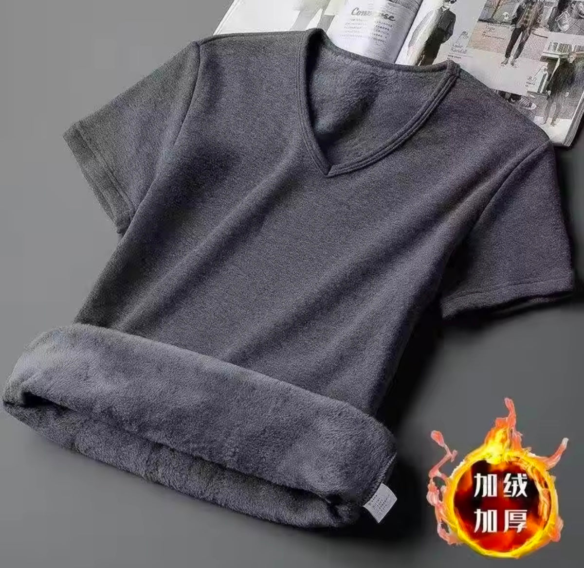 Winter Men's Velvet Short Sleeve T-shirt Base Shirt O-neck Free Size