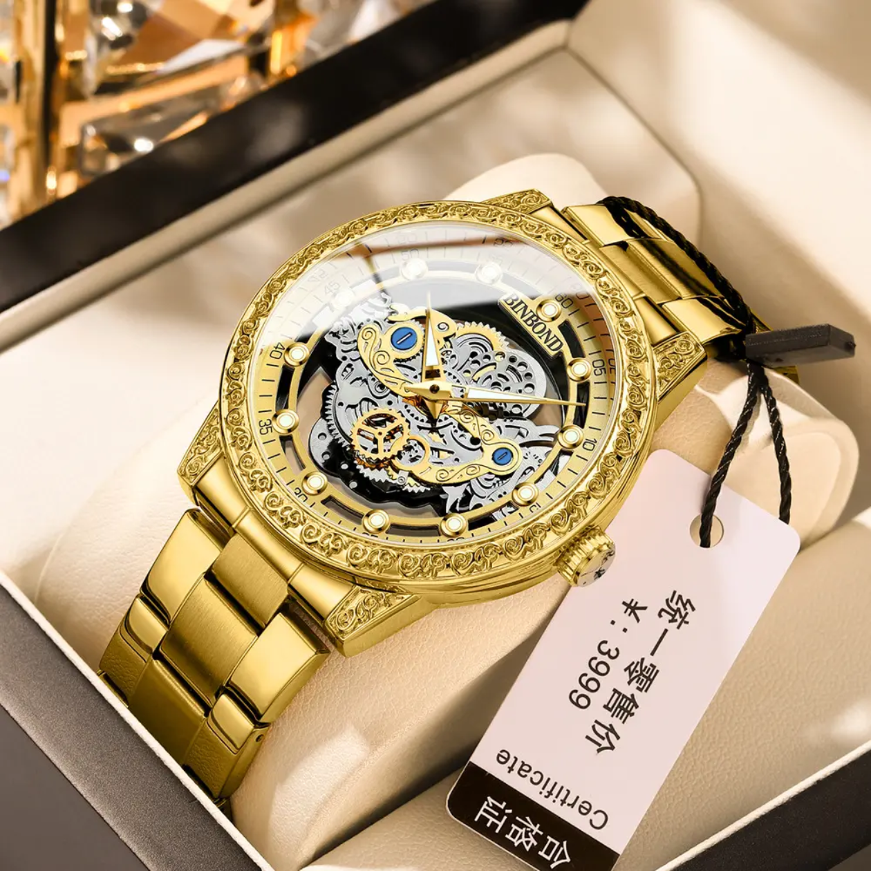 Skeleton Hollow 3D Carved Bezel Stainless Steel Business Wrist Watch