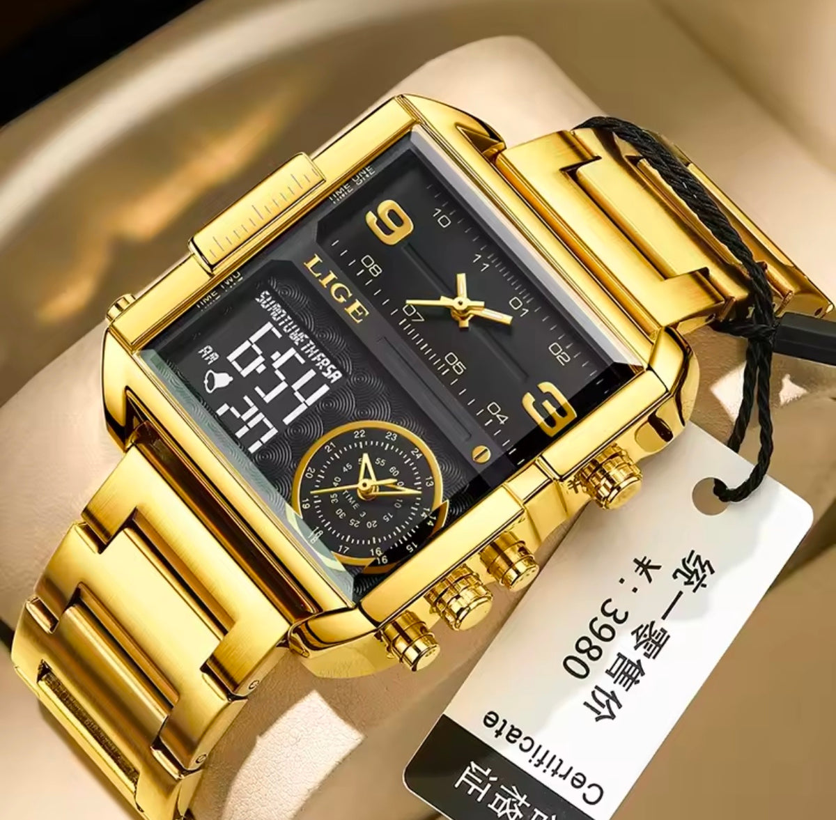 Matturi  Luxury Fashion Watch  Stainless Steel Sports Square Digital Analog Big Quartz Watch