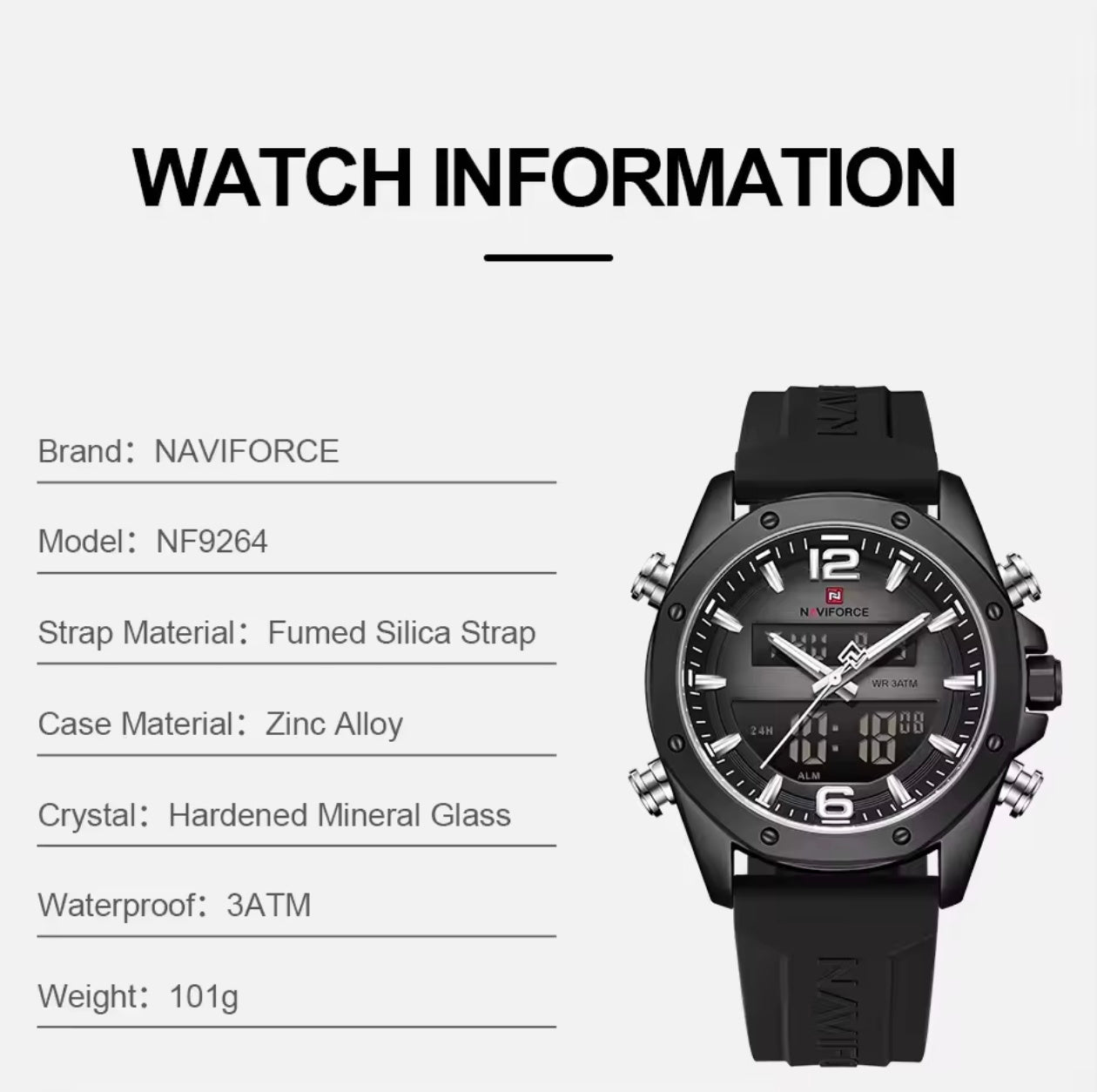 NAVIFORCE Quartz LCD Dual Display Watch with Silicone Strap 3ATM Waterproof