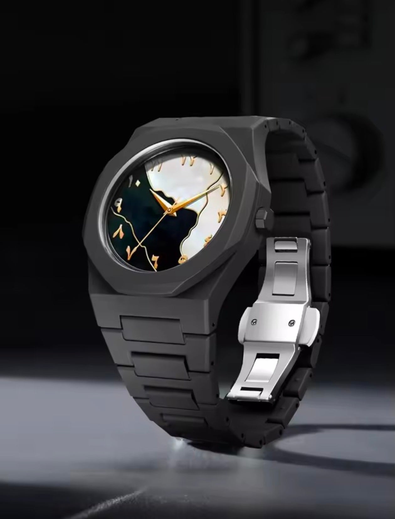 Arabic Numerals Men’s Black Aura  Polycarbonate Marble Arabic Double Dial Watch