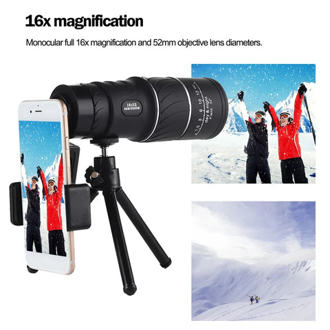 16X52 Compact Monocular Optical Lens High Definition Handheld Telescope BAK4 Prism Waterproof with Neck Strap