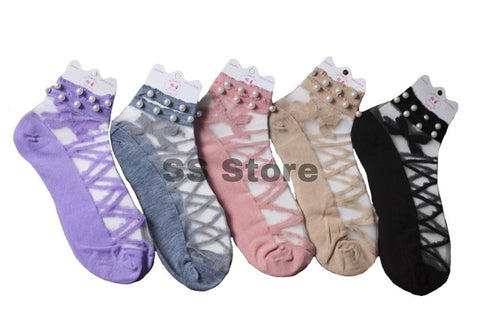 4 Pairs Women Net Socks with Fancy Pearls