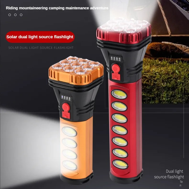 9 LED+COB Solar Torch Flashlight 10 W - USB/Solar Charging Flashlight Built-in Battery Torch with Side Lantern Waterproof