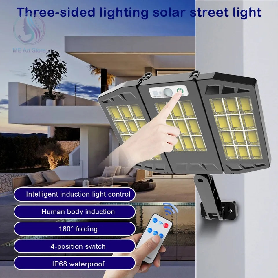 384 LED Solar Street Lights Outdoor Wall Lamp 3 Head Motion Sensor 180 Angle Wide Lighting Waterproof Remote Control