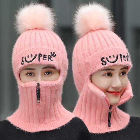 New Fashion Women Winter Cap With Neck - SWOKII Wool Ball Thick Knitted Comfortable Hat