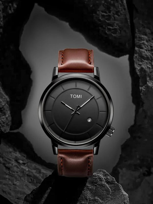 TOMI Model T101-2 Casual Fashion Date Quartz Watch For Men & Women Leather Strap Round Dial