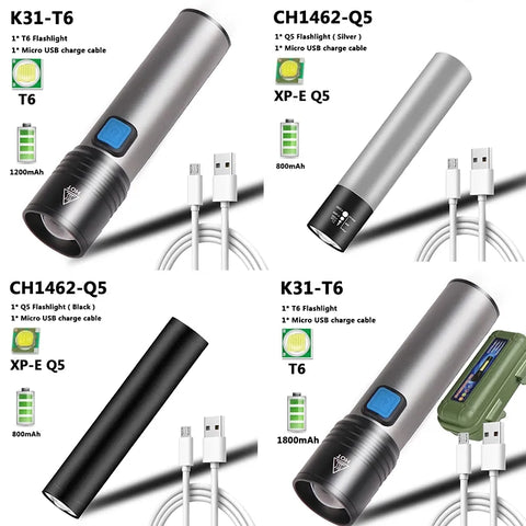 K-31 USB Rechargeable Battery Led Flashlight Zoomable Aluminum Torch Waterproof For Bike Camping Light Lam