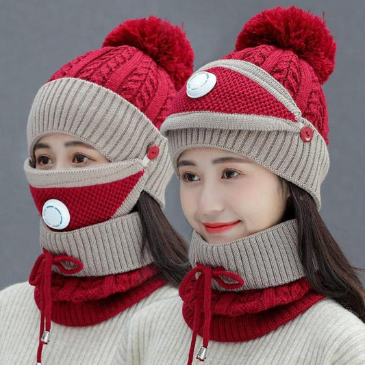 Women Winter Thick Cap with Matching Neck and Filter Mask