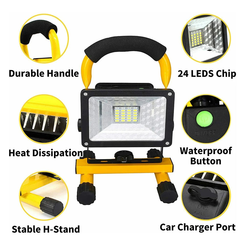 30W LED Portable Rechargeable Floodlight Waterproof Spotlight Battery Powered Searchlight Outdoor Work Lamp Camping Lantern