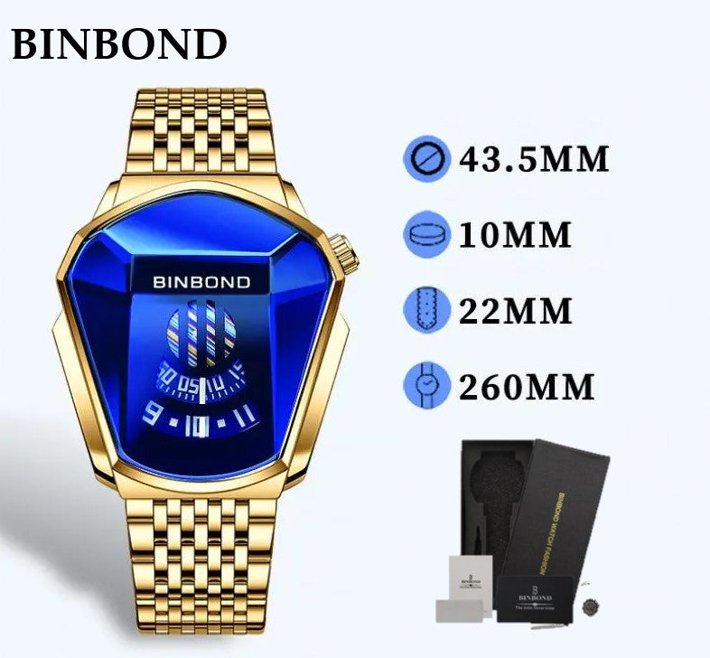 BINBOND Luxury Military Fashion Locomotive Men Quartz Watch Gold Man Clock Casual Geometric Shape Wristwatch Relogio Masculino