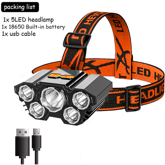 5 LED Strong Headlight Super Bright Head Mounted Flashlight Usb Rechargeable Built-in Battery Outdoor Rechargeable Night Fishing