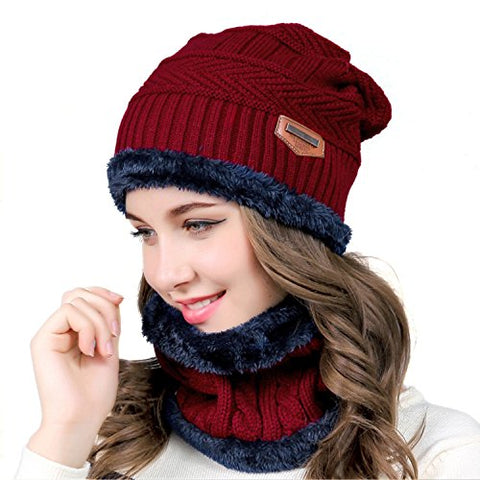 -5° Women Winter Cap with Mask - Winter Knitting Skull Cap with Neck Scarf Wool Warm