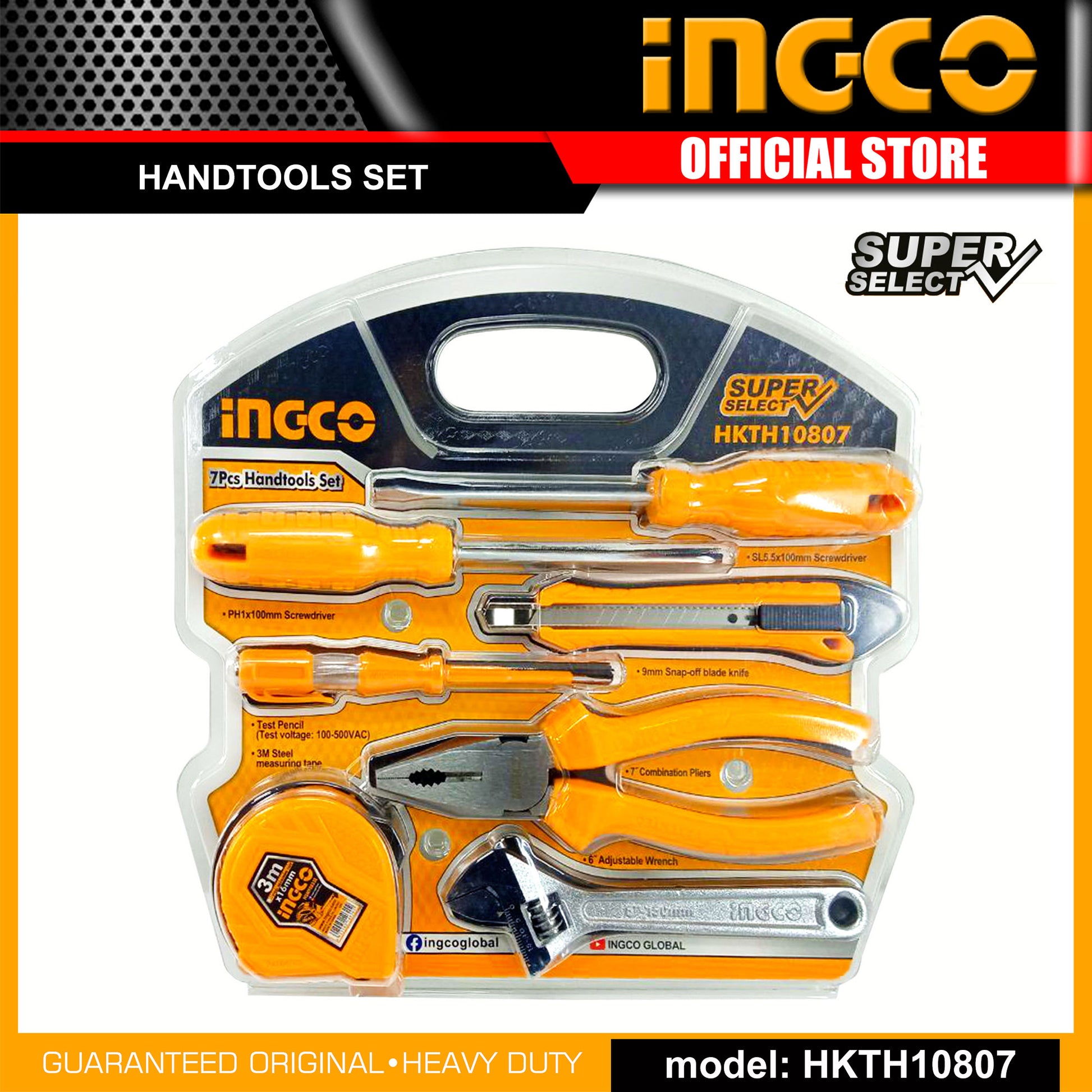 INGCO 7 PC's Hand tools set (Plier, Wrench, Cutter, Tester, 2pcs Screwdriver & measuring tape)