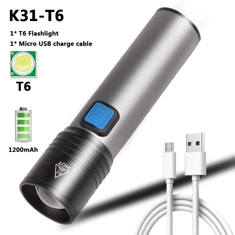 K-31 USB Rechargeable Battery Led Flashlight Zoomable Aluminum Torch Waterproof For Bike Camping Light Lam