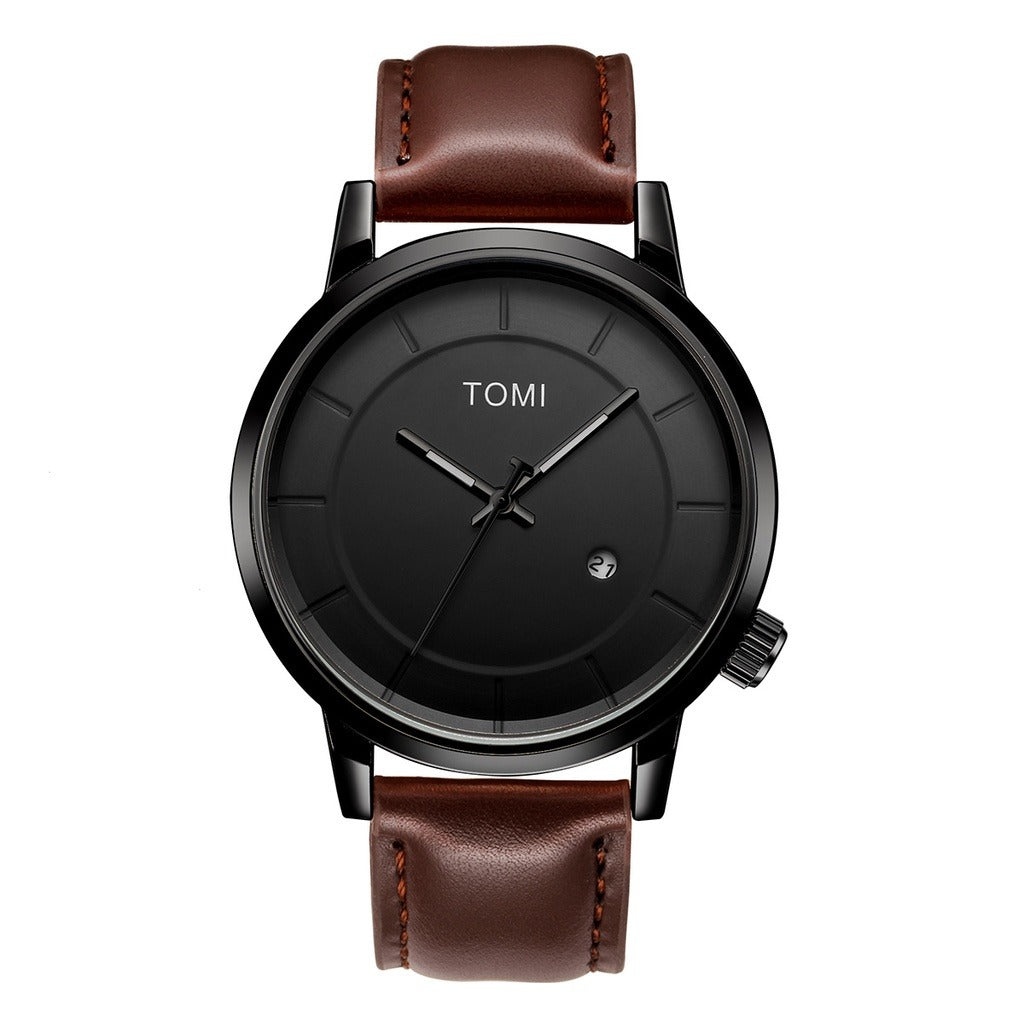 TOMI Model T101-2 Casual Fashion Date Quartz Watch For Men & Women Leather Strap Round Dial