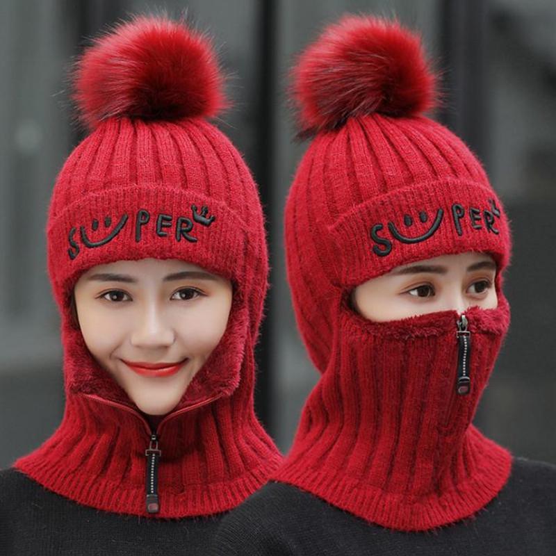 New Fashion Women Winter Cap With Neck - SWOKII Wool Ball Thick Knitted Comfortable Hat