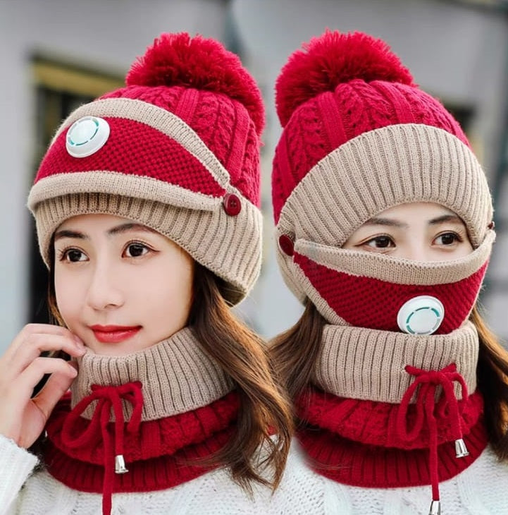3 PCS Women Winter Warm Scarf Knitted Hat Mask With Filter Set Fashion Women