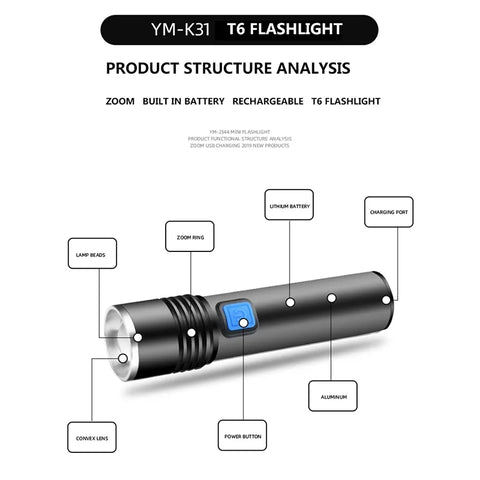 K-31 USB Rechargeable Battery Led Flashlight Zoomable Aluminum Torch Waterproof For Bike Camping Light Lam