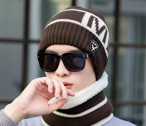 Men Winter Velvet Cap with thick Muffler