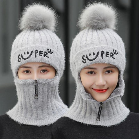 New Fashion Women Winter Cap With Neck - SWOKII Wool Ball Thick Knitted Comfortable Hat