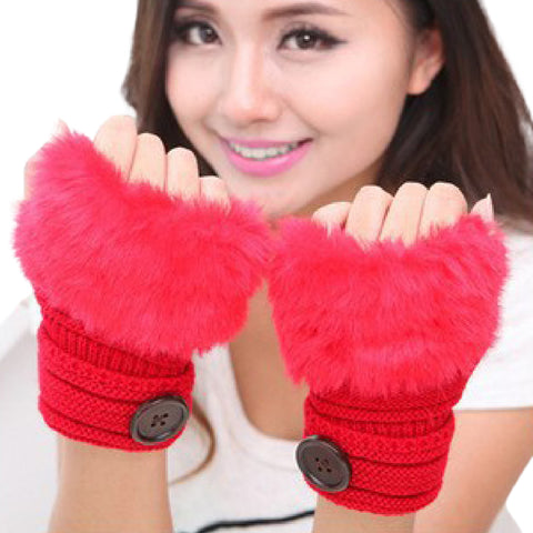 Winter Faux Rabbit Fur Wrist Fingerless Gloves Mittens