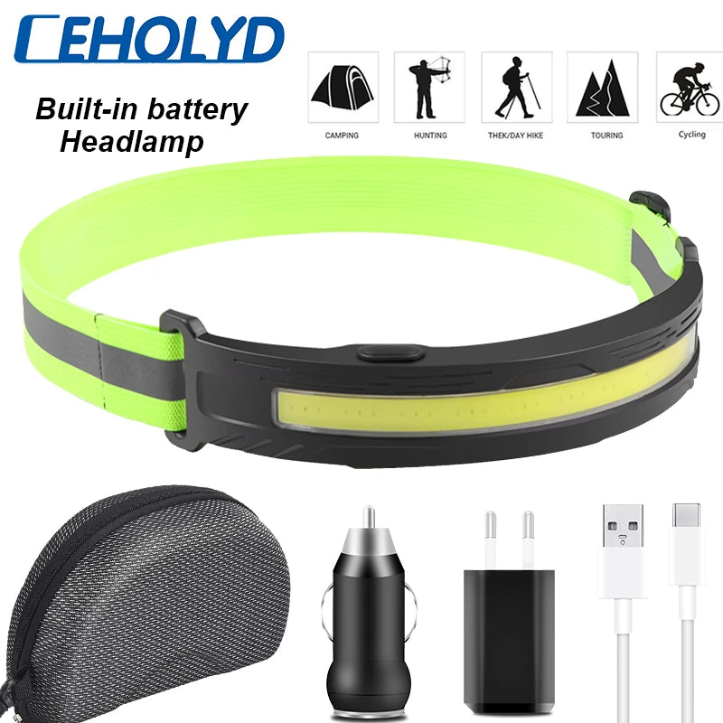 Built-in Battery COB LED Headlamp Camping Fishing Powerful USB Rechargeable Headlight Waterproof Head Torch Head Lamp Lantern