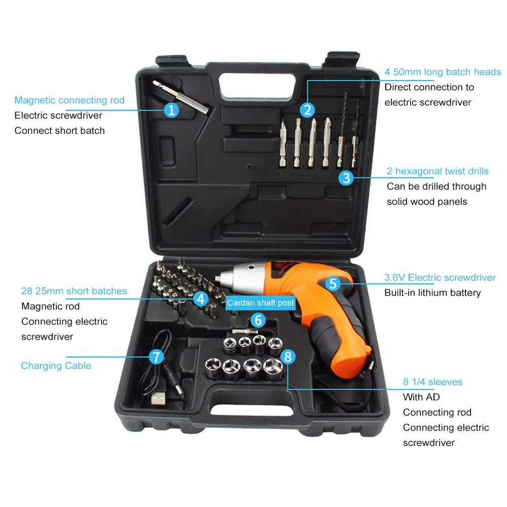 Cordless Electric Screwdrivers with 45pcs Drill Bit Set Rechargeable Electric Drill Bit Kit USB Powerful 18650 Battery
