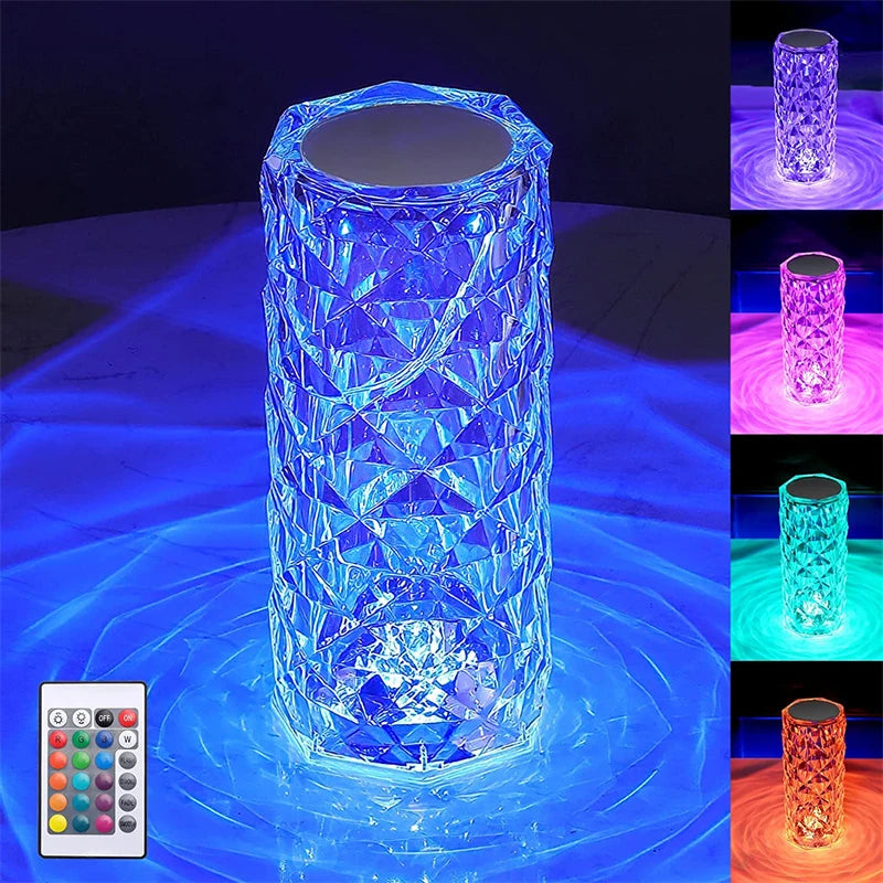 Crystal Table Lamp Rose Light Projector 3/16 Colors Adjustable Romantic Diamond Atmosphere Light USB Bedroom Touch Night Light