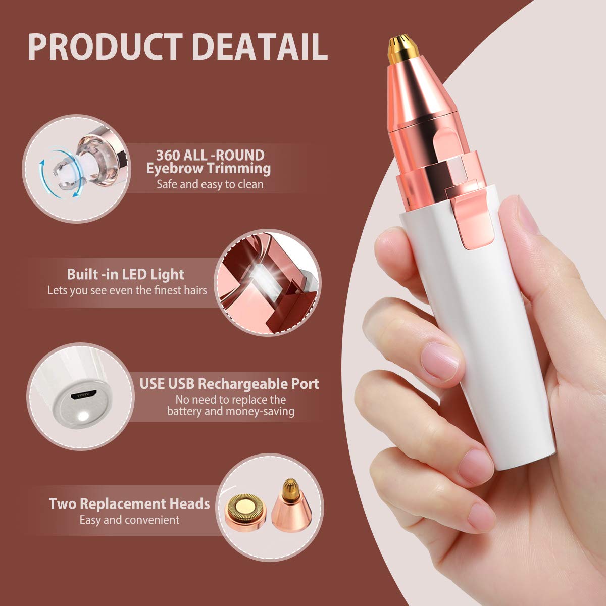 2 IN 1 Rechargeable Electric Eyebrow Trimmer Epilator Female Body Facial Lipstick Shape Hair Removal Mini Painless Razor Shaver